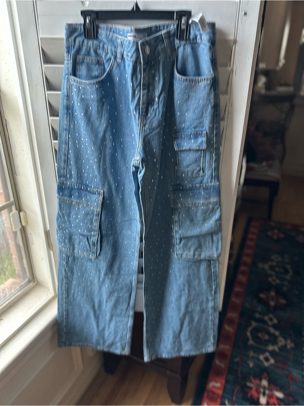 Bershka Light Blue Studded Cargo Relaxed Jeans for Women